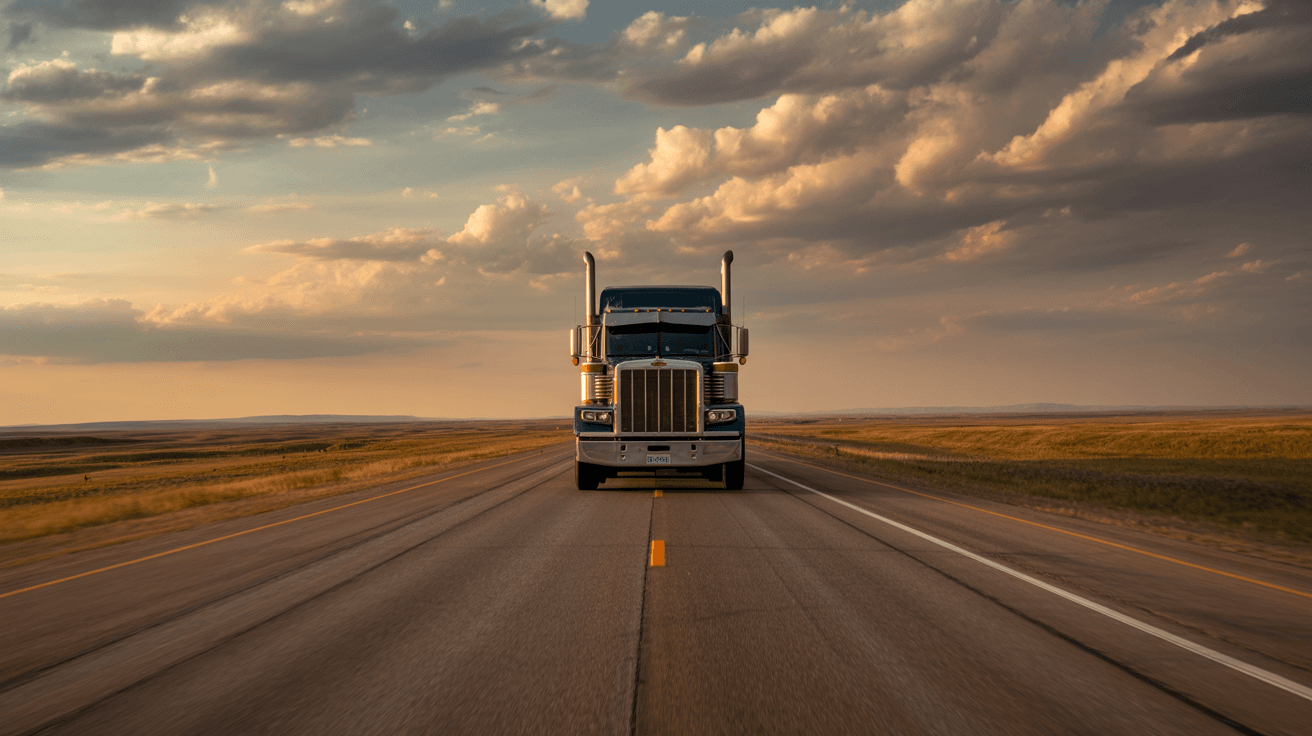 Semi truck on the open highway at golden hour